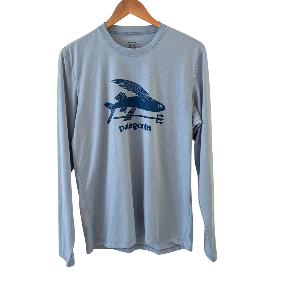 Patagonia Flying Fish Long Sleeve T Shirt Mens M Blue Graphic Tee Fishing